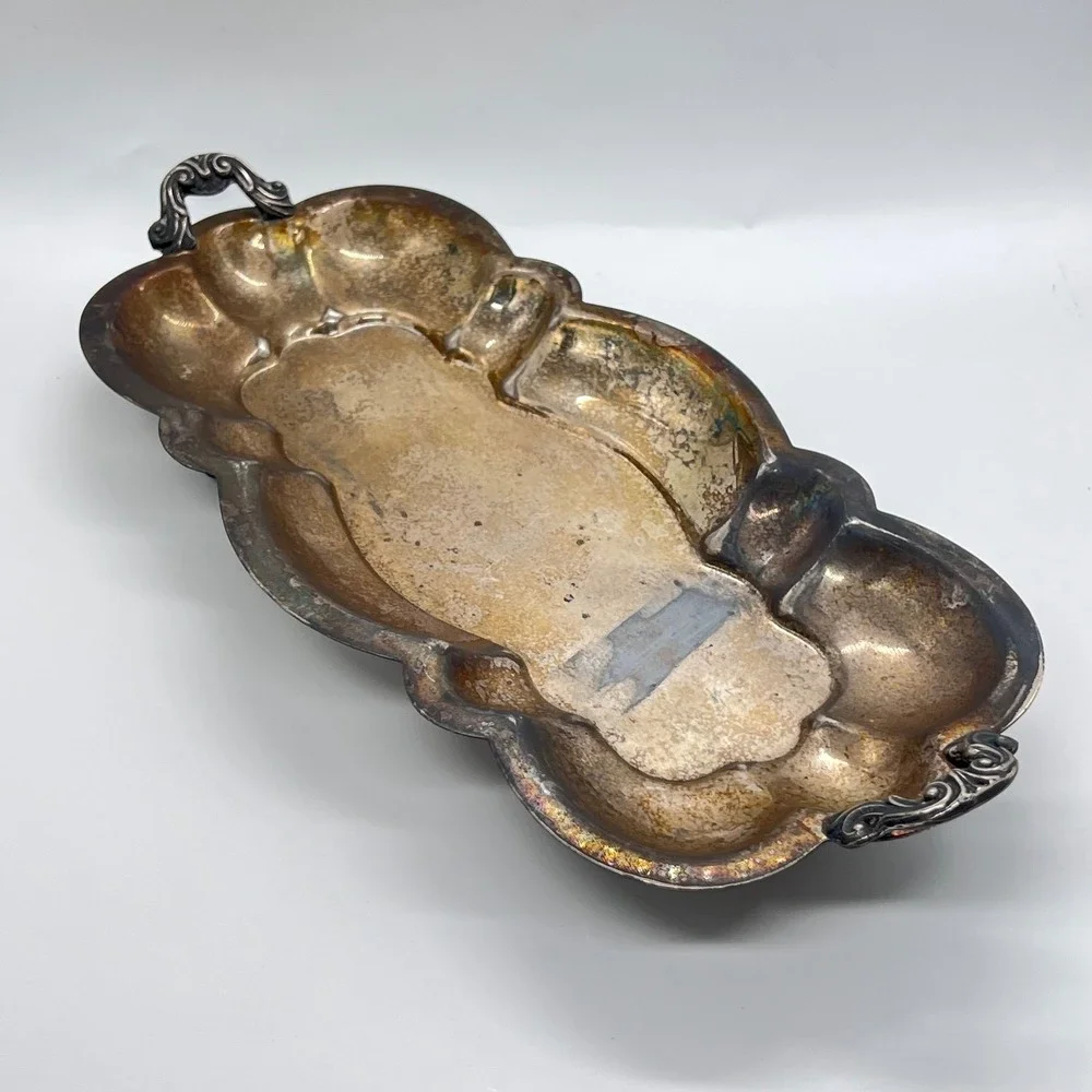 Vintage Silverplate Footed Serving Tray / Dish Unmarked Ornate Antique Style